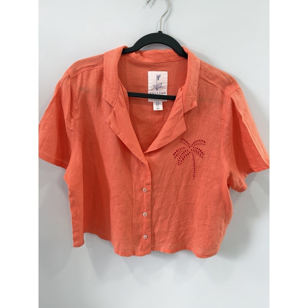 Calypso St. Barth Coral Linen Palm Tree Embroidered Button Front Top XL
